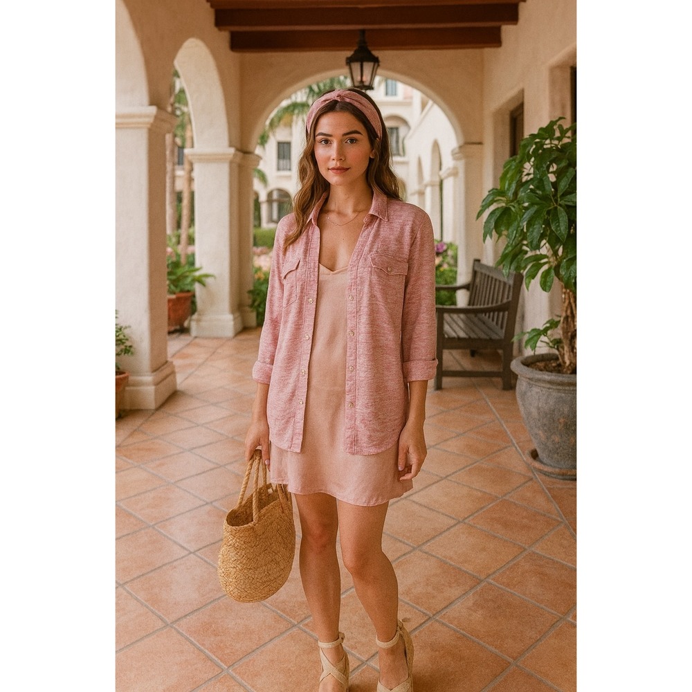 J McLaughlin Brynn Linen‎ 3/4 Sleeve Button Up Pink Size M Coastal Beachy Preppy